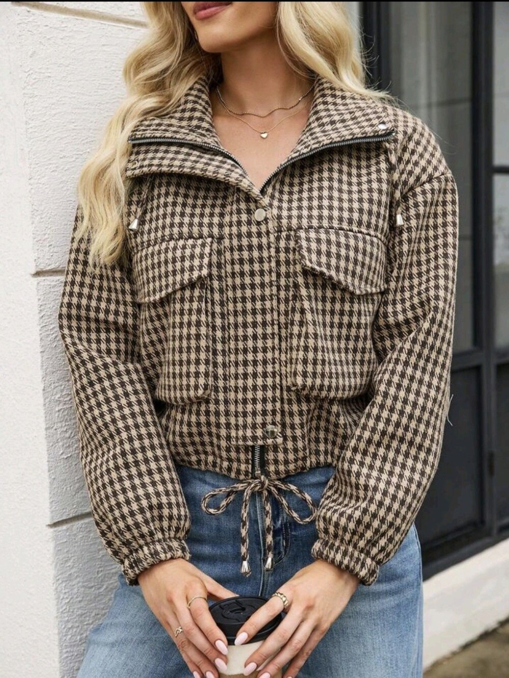 Women's Short Houndstooth Print Woven Jacket, Stand Collar Long Sleeve Zip Up